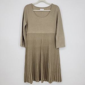Calvin Klein Knit Sweater Dress L Metallic Gold A Line Scoop Neck 3/4 Sleeves
